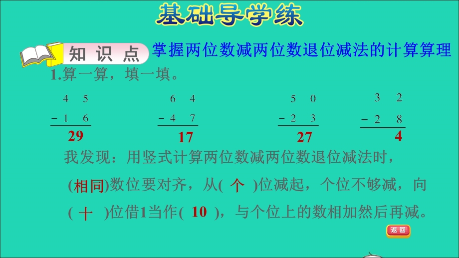 2022一年级数学下册 第7单元 100以内的加法和减法（二）第5课时 两位数减两位数（两位数减两位数的退位减法）习题课件 冀教版.ppt_第3页