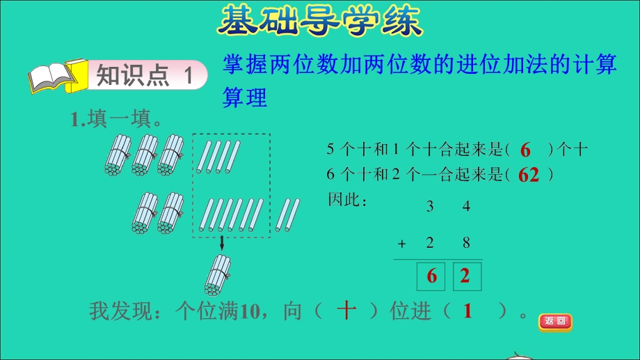 2022一年级数学下册 第7单元 100以内的加法和减法（二）第2课时 两位数加两位数（进位）两位数加两位数的进位加法习题课件 冀教版.ppt_第3页