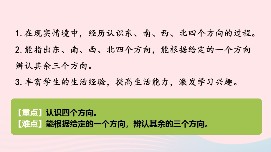 2023三年级数学下册 3 辨认方向第1课时 认识东、南、西、北教学课件 冀教版.pptx_第2页