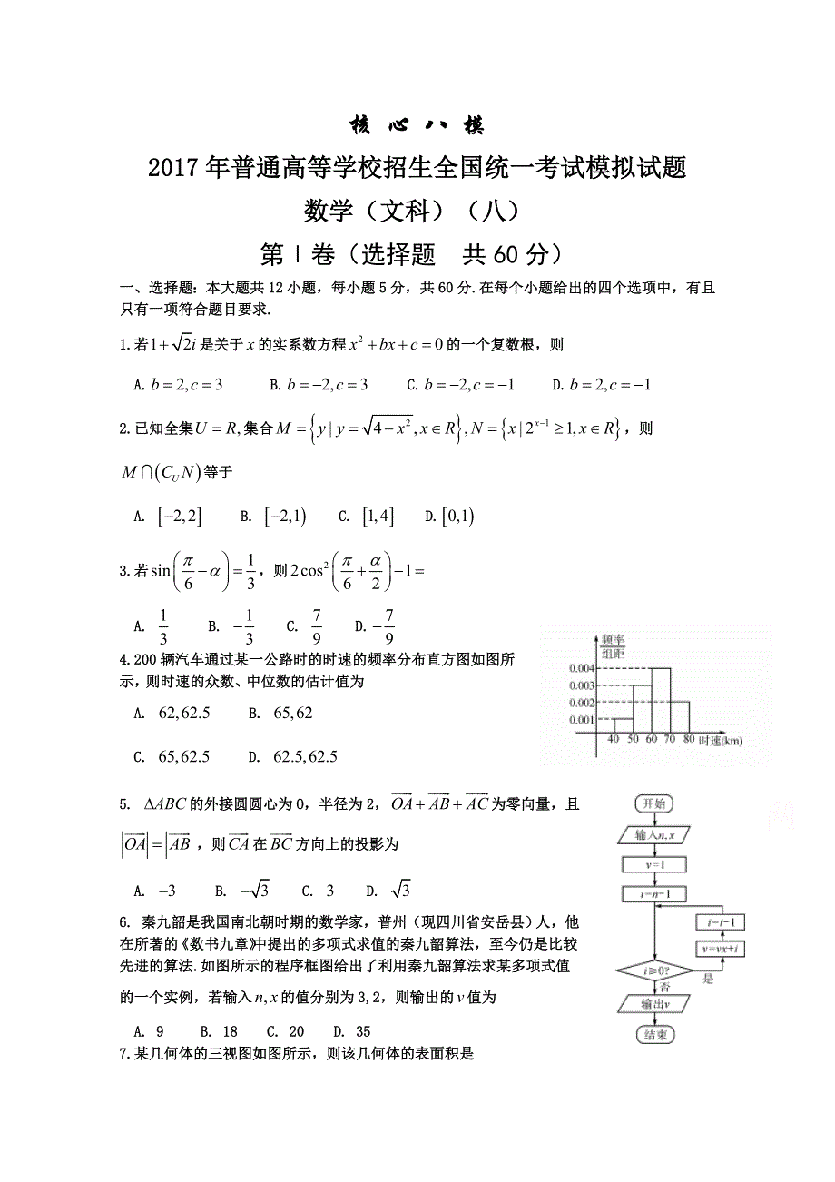 《首发》2017年普通高等学校招生全国统一考试模拟（八）数学（文）试题 WORD版含答案BYBAO.doc_第1页