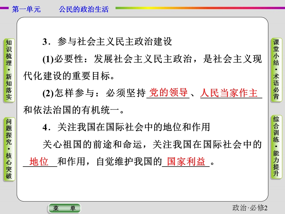 2019-2020学年人教版政治必修二抢分教程课件：第一单元第一课第三框　政治生活：自觉参与 .ppt_第3页