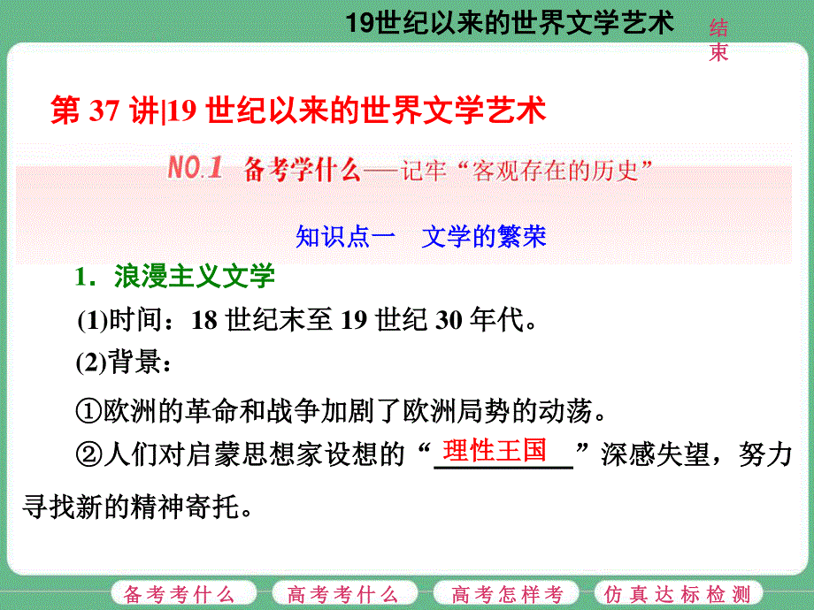 2018届高三历史（人教版通史版）一轮复习（课件）第一板块 第十三单元 世界政治经济格局的演变—二战后的世界 第37讲 19世纪以来的世界文学艺术 .ppt_第1页