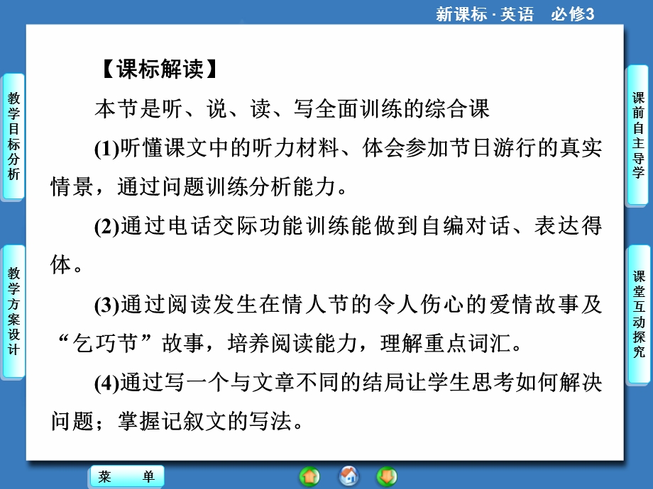 2014秋高中英语（新人教版必修3）教学课件（目标分析+方案设计+自主导学）：UNIT 1-PERIOD Ⅳ.ppt_第2页