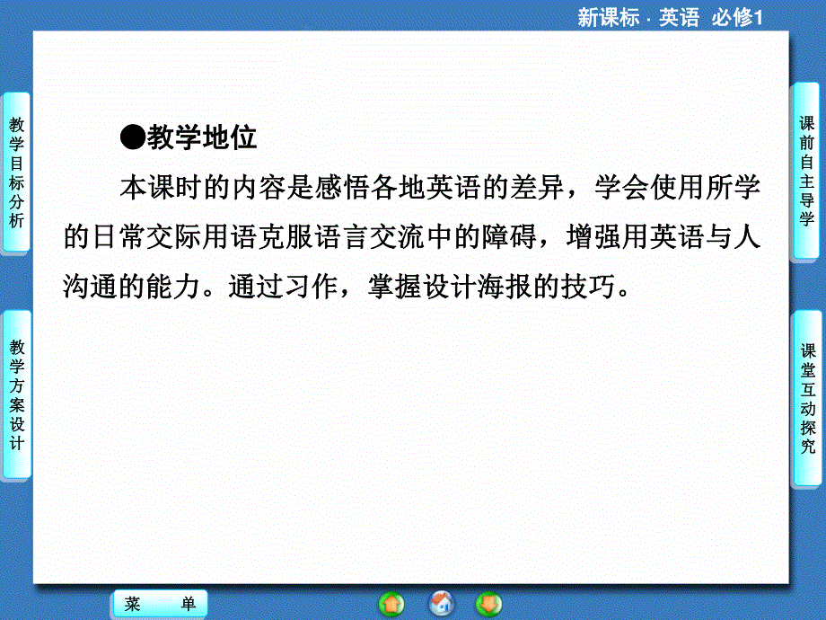 2014秋高中英语（新人教版必修1）教学课件（目标分析+方案设计+自主导学）：UNIT 2-PERIOD Ⅳ.ppt_第2页