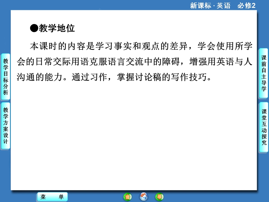 2014秋高中英语（新人教版必修2）教学课件（目标分析+方案设计+自主导学）：UNIT 1 PERIOD Ⅳ.ppt_第2页