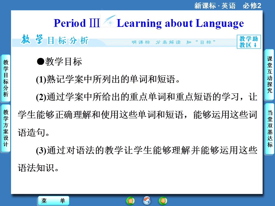 2014秋高中英语（新人教版必修2）教学课件（目标分析 方案设计 自主导学）：UNIT 2 PERIOD Ⅲ.ppt_第1页