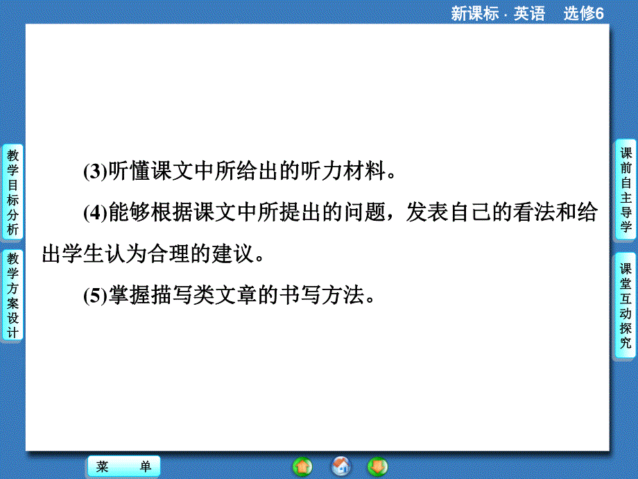 2014秋高中英语（新人教版选修6）教学课件（目标分析+方案设计+自主导学）：UNIT 5 PERIOD Ⅳ.ppt_第2页