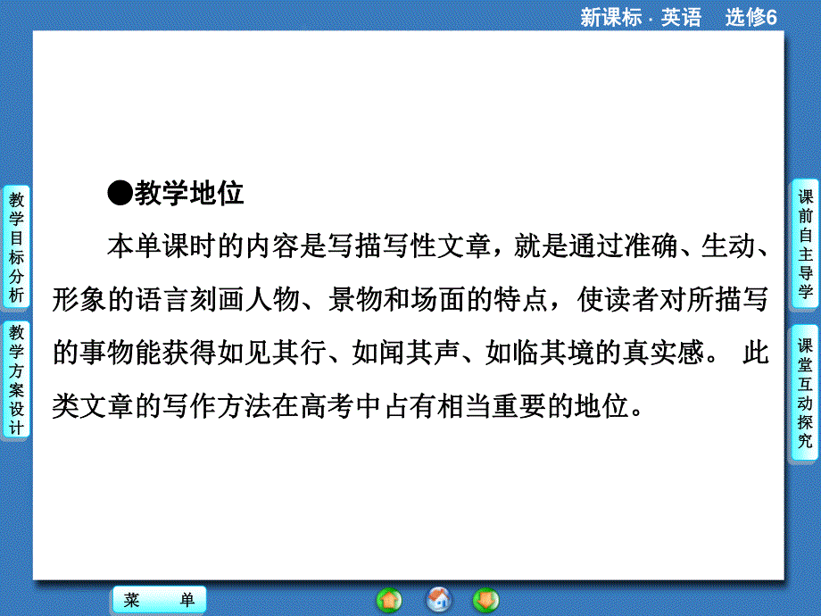 2014秋高中英语（新人教版选修6）教学课件（目标分析+方案设计+自主导学）：UNIT 5 PERIOD Ⅳ.ppt_第3页