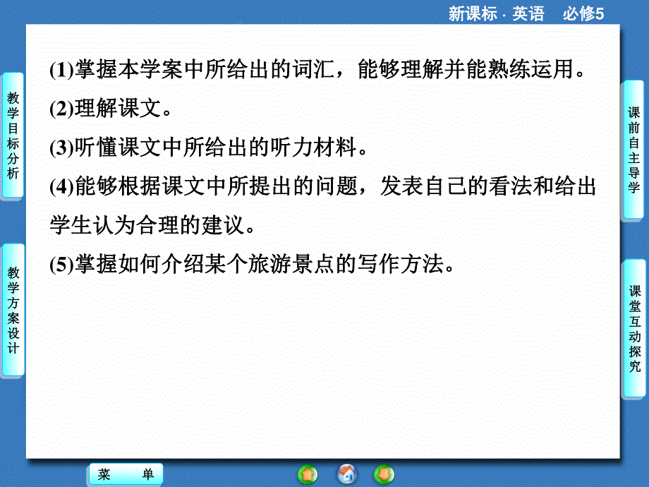 2014秋高中英语（新人教版必修5）教学课件（目标分析+方案设计+自主导学）：UNIT 2-PERIOD Ⅳ.ppt_第2页