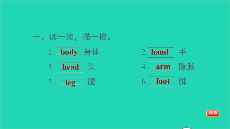 2021三年级英语上册 Unit 3 Body and Feelings Lesson 14 My Body基础默写课件 冀教版（三起）.ppt_第3页