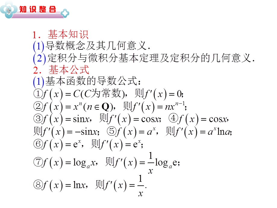 2012届学海导航高中总复习（第2轮）湖南人教版理科数学课件：专题1第3讲 定积分、导数及应用.ppt_第2页