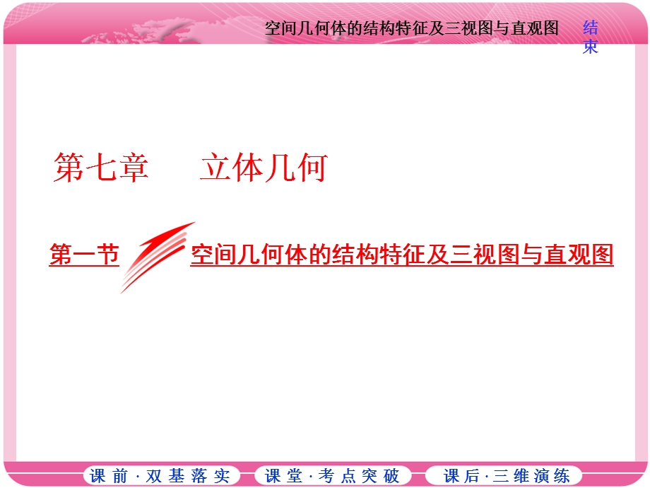 2018届高三数学（文）高考总复习课件：第七章 第一节 空间几何体的结构特征及三视图与直观图 .ppt_第1页