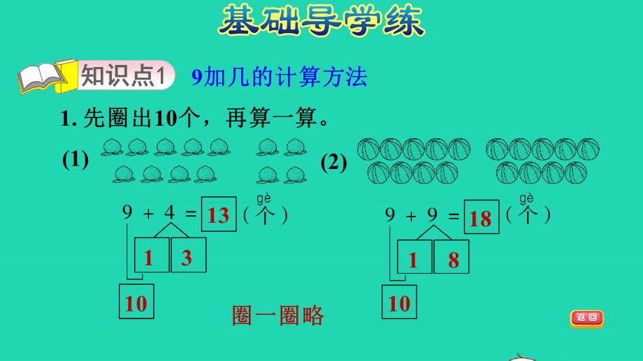 2021一年级数学上册 七 小小运动会——20以内的进位加法 信息窗1第1课时 9加几习题课件 青岛版六三制.ppt_第3页