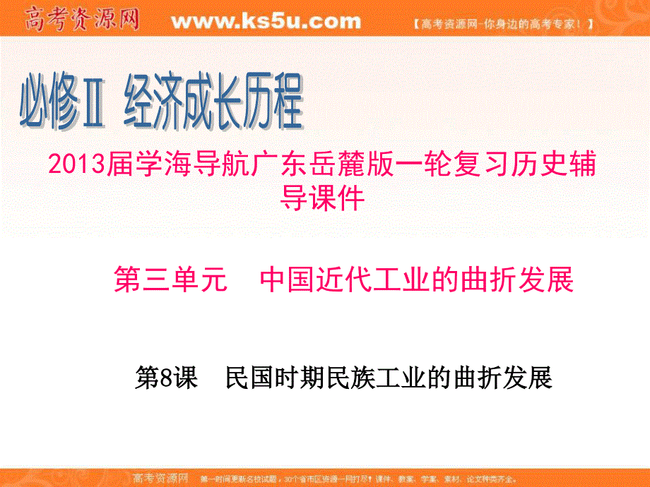 2013届广东岳麓版一轮复习历史辅导课件 必修2第8课　民国时期民族工业的曲折发展.ppt_第1页