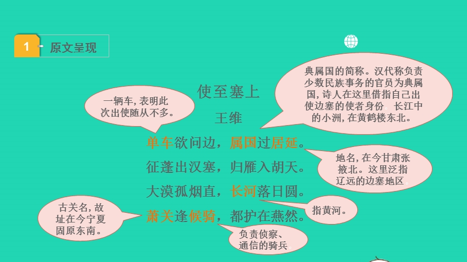 2022中考语文 第一部分 古诗文阅读 课题一古诗词曲阅读 淸单二 40首古诗词曲逐首梳理 八上 2使至塞上课件.pptx_第2页