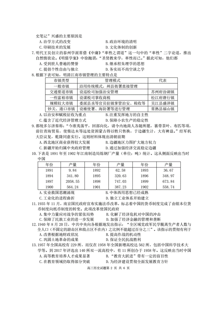 安徽省合肥一中、安庆一中等六校教育研究会2020届高三上学期第一次素质测试历史试题 PDF版含答案.pdf_第2页