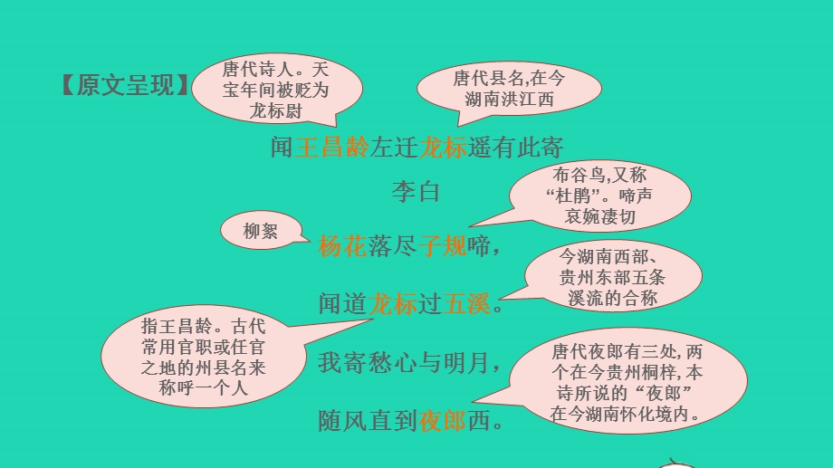 2022中考语文 第一部分 古诗文阅读 课题一古诗词曲阅读 淸单二 40首古诗词曲逐首梳 七上２闻王昌龄左迁龙标遥有此寄课件.pptx_第2页