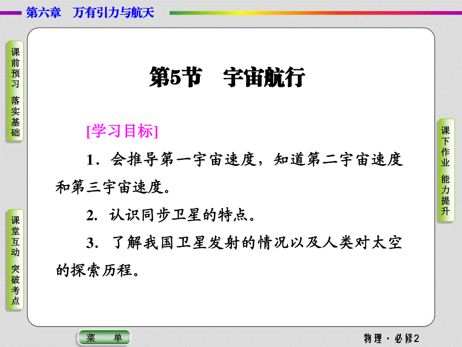 2019-2020学年人教版物理必修二抢分教程课件：第6章第5节　宇宙航行 .ppt_第1页