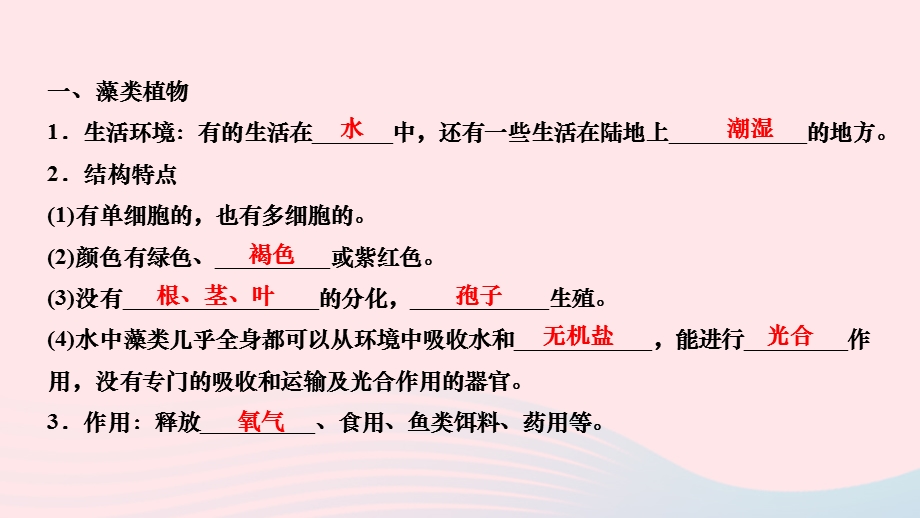 2022七年级生物上册 第三单元 生物圈中的绿色植物第一章 生物圈中有哪些绿色植物第一节 藻类、苔藓和蕨类植物作业课件 （新版）新人教版.ppt_第3页