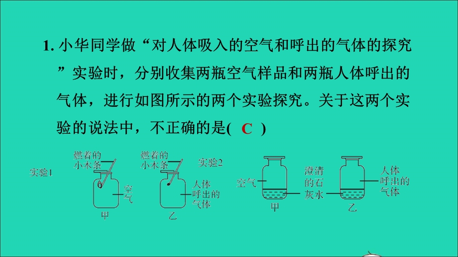 2021九年级化学上册 第1单元 走进化学世界 课题2 化学是一门以实验为基础的科学第2课时 对人体吸入的空气和呼出气体的探究习题课件（新版）新人教版.ppt_第3页