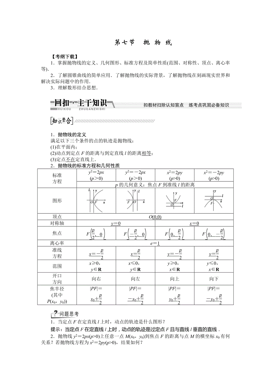 2015高考数学（理）一轮复习配套文档：第8章 第7节　抛物线.doc_第1页