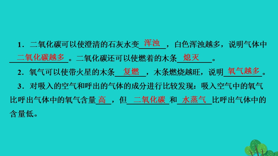 2022九年级化学上册 第一单元 走进化学世界课题2 第2课时 对人体吸入的空气和呼出的气体的探究作业课件 （新版）新人教版.ppt_第3页