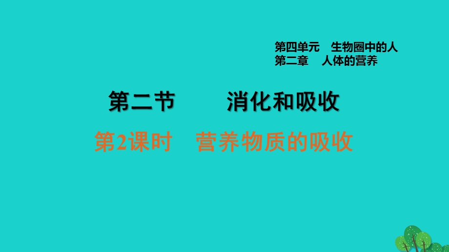 2022七年级生物下册 第四单元 生物圈中的人第二章 人体的营养第2节 消化和吸收第2课时 营养物质的吸收习题课件（新版）新人教版.ppt_第1页