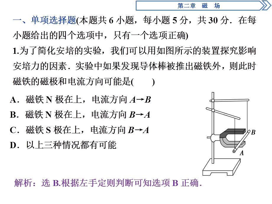 2019-2020学年人教版物理选修1-1同步配套课件：第二章 磁场 章末过关检测（二） .ppt_第2页