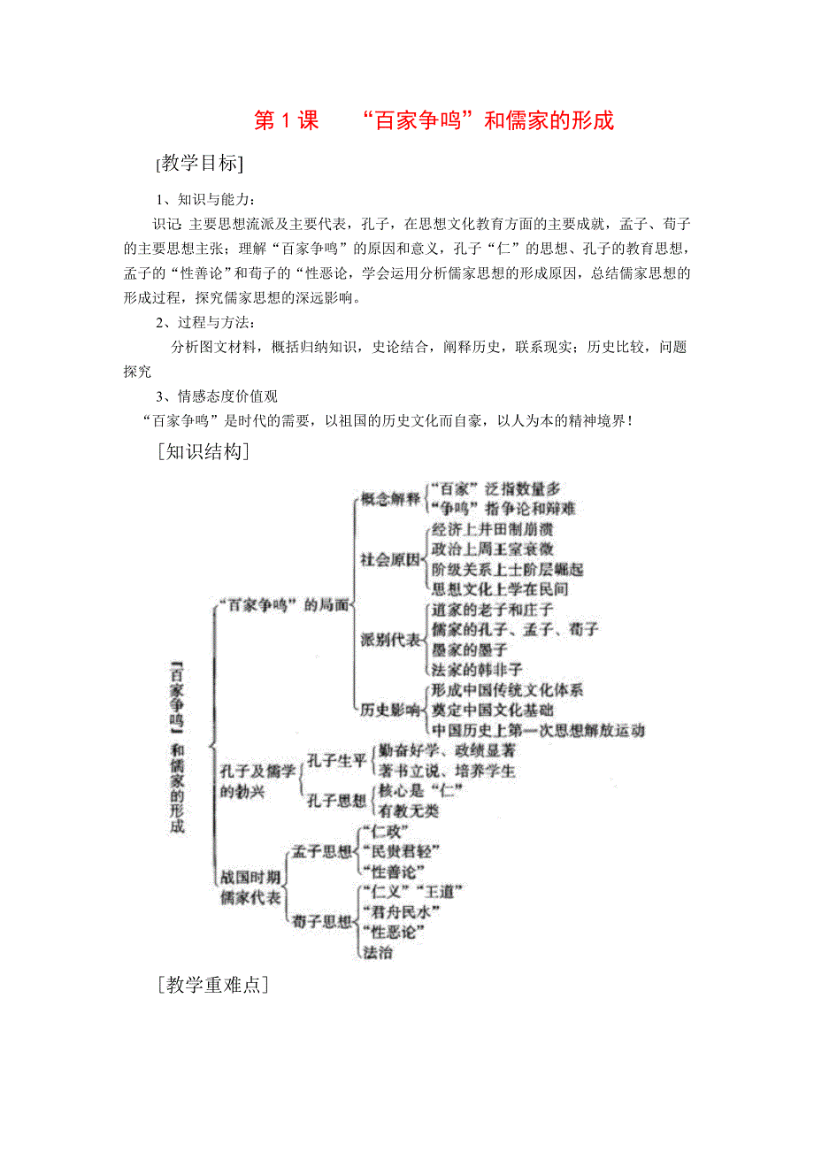 1.1《“百家争鸣”和儒家的形成》教案（新人教必修3）.doc_第1页