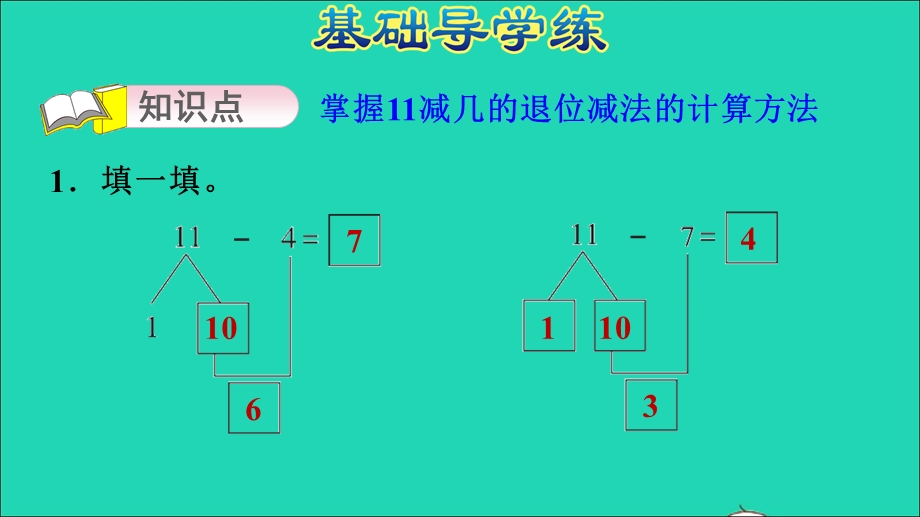 2021一年级数学上册 九 20以内的减法第2课时 11减几习题课件 冀教版.ppt_第3页