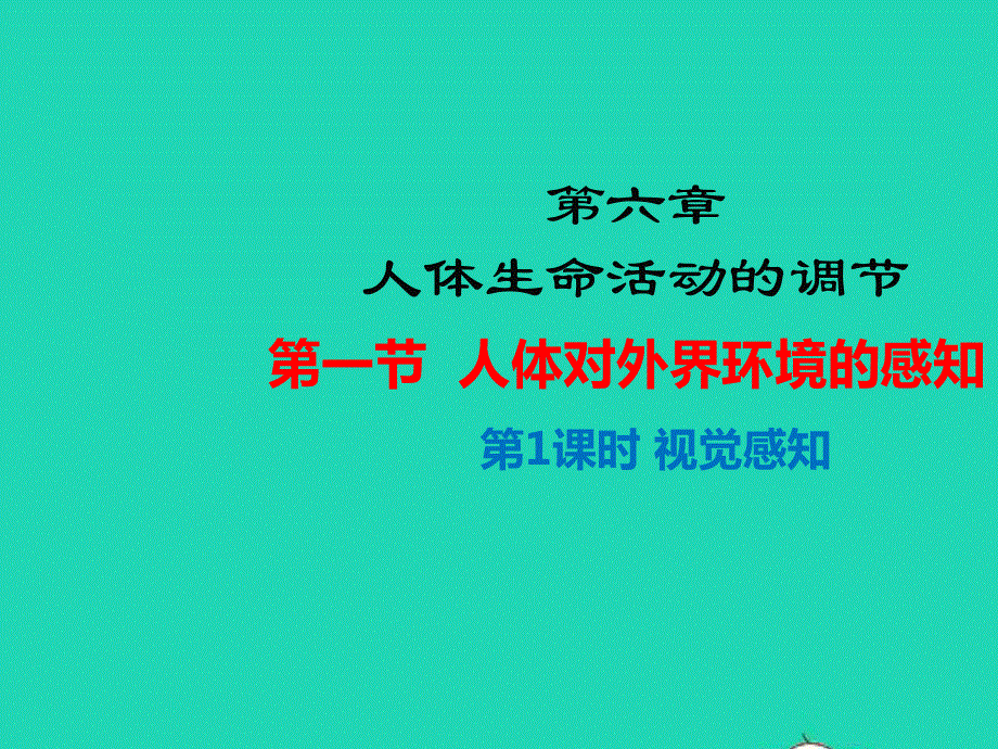 七年级生物下册 第四单元 生物圈中的人 第六章 人体生命活动的调节 第一节 人体对外界环境的感知第1课时 视觉感知教学课件 （新版）新人教版.ppt_第1页