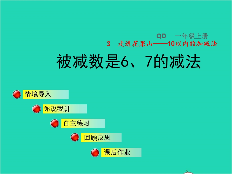 2021一年级数学上册 三 走进花果山——10以内数的加减法 信息窗4 被减数是6、7的减法授课课件 青岛版六三制.ppt_第1页