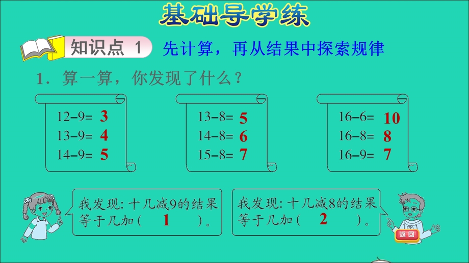 2022一年级数学下册 第1单元 加与减(一)第2课时 捉迷藏（十几减9、8的规律）习题课件 北师大版.ppt_第3页