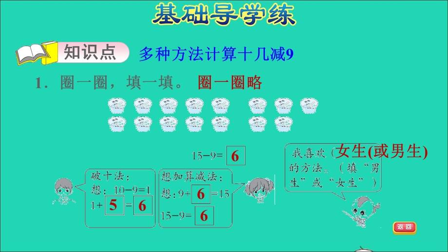 2022一年级数学下册 第2单元 20以内的退位减法1 十几减9第1课时 会计算十几减9习题课件 新人教版.ppt_第3页