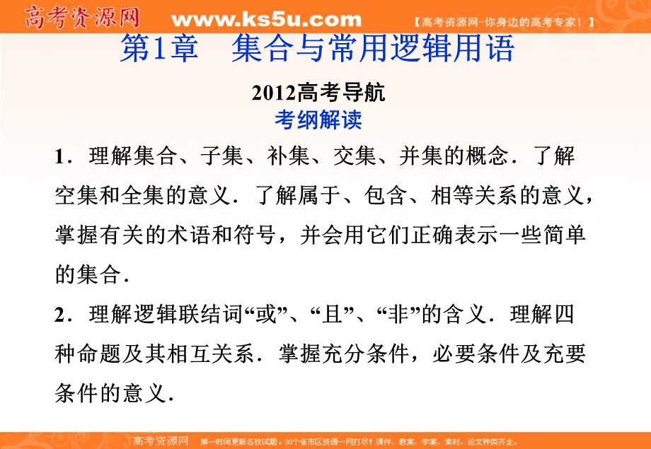 2012优化方案高三数学（北师大版　文）一轮复习（课件）：第1章2012高考导航.ppt_第1页