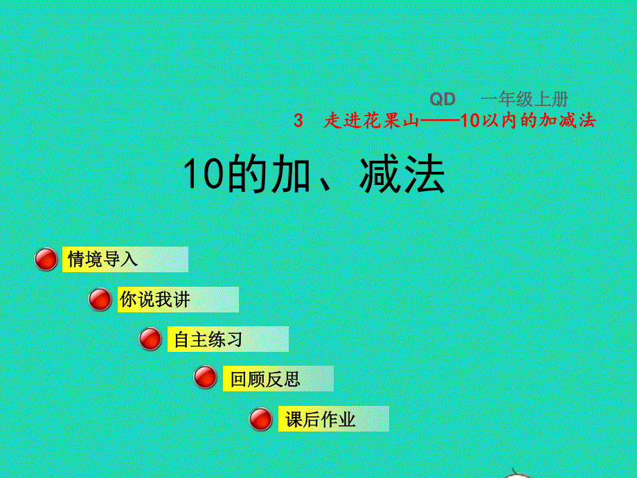 2021一年级数学上册 三 走进花果山——10以内数的加减法 信息窗6 10的加、减法授课课件 青岛版六三制.ppt_第1页