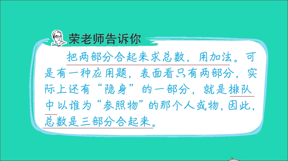 2021一年级数学上册 五 10以内的加法和减法第13招 巧求排队中的总人数课件 冀教版.ppt_第2页