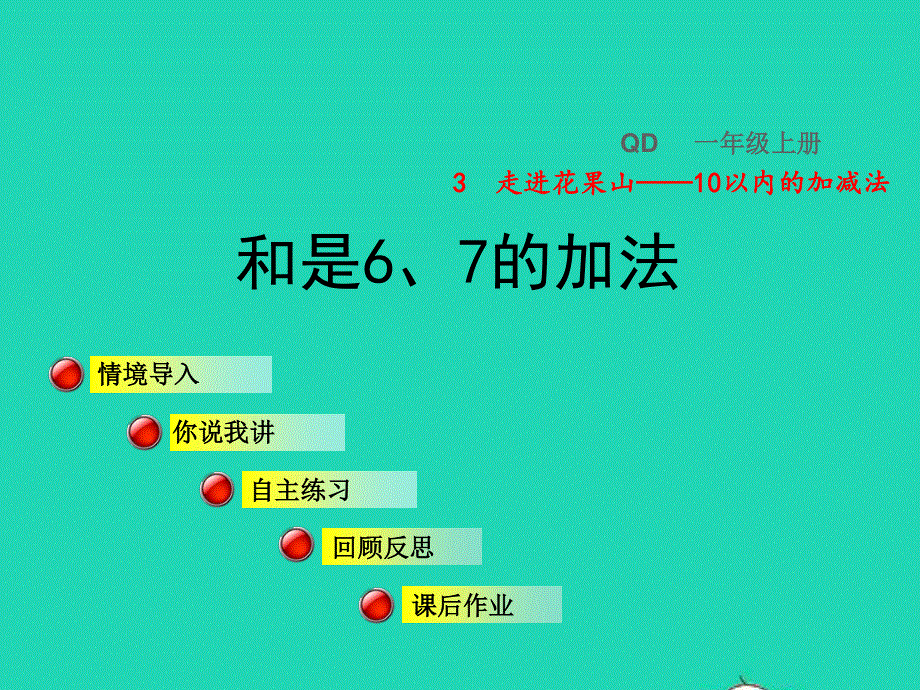 2021一年级数学上册 三 走进花果山——10以内数的加减法 信息窗3 和是6、7的加法授课课件 青岛版六三制.ppt_第1页