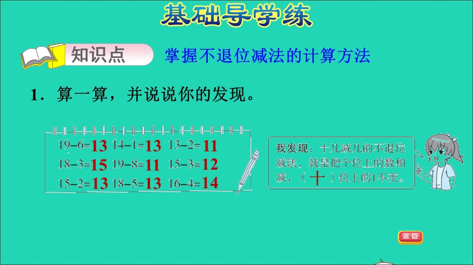 2021一年级数学上册 九 20以内的减法第1课时 不退位减法习题课件 冀教版.ppt_第3页