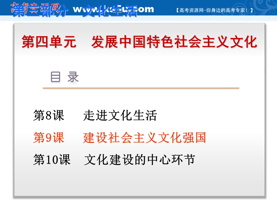 2019艺考生文化课冲刺点金-政治课件：必修三 文化生活 第9课　建设社会主义文化强国 .ppt_第1页