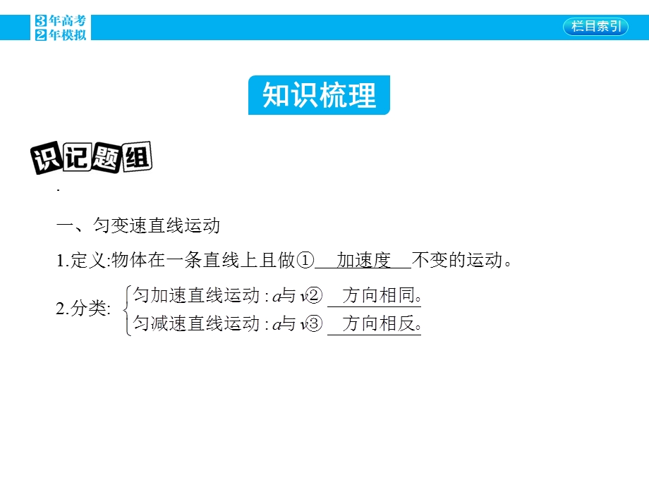 2016版《3年高考2年模拟课标物理》高考大一轮复习课件：第一章 运动的描述 第2讲 匀变速直线运动的规律.pptx_第1页