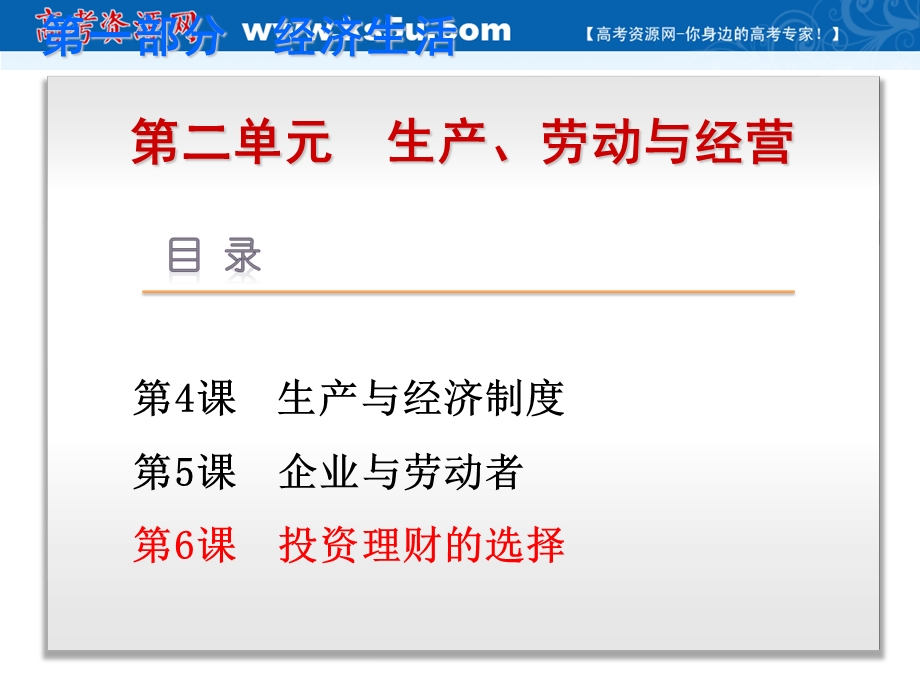 2019艺考生文化课冲刺点金-政治课件：必修一 经济生活 第6课 投资理财的选择 .ppt_第1页