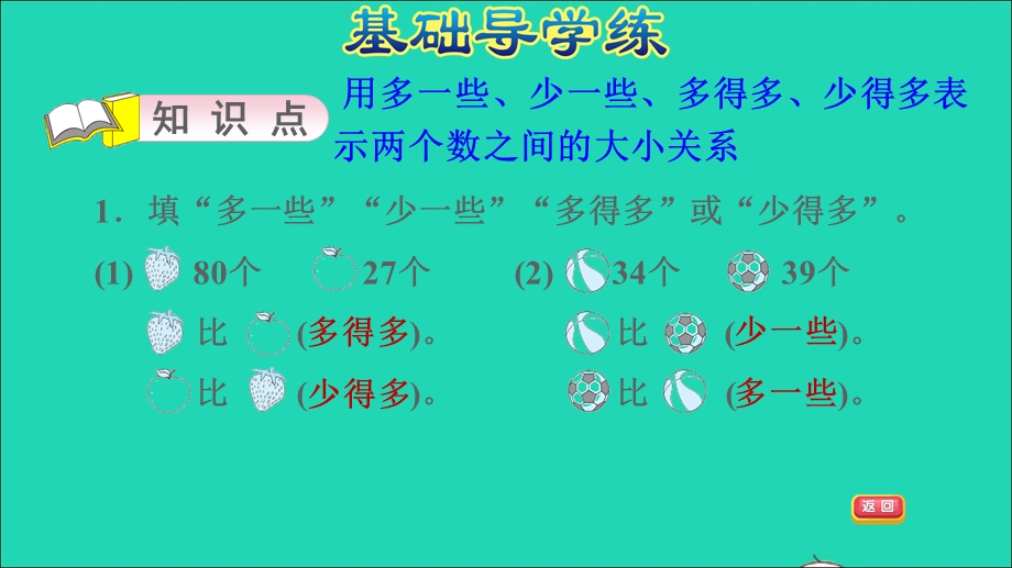 2022一年级数学下册 第3单元 100以内数的认识第6课时 数的大小比较（多一些、少一些、多得多、少得多）习题课件 冀教版.ppt_第3页