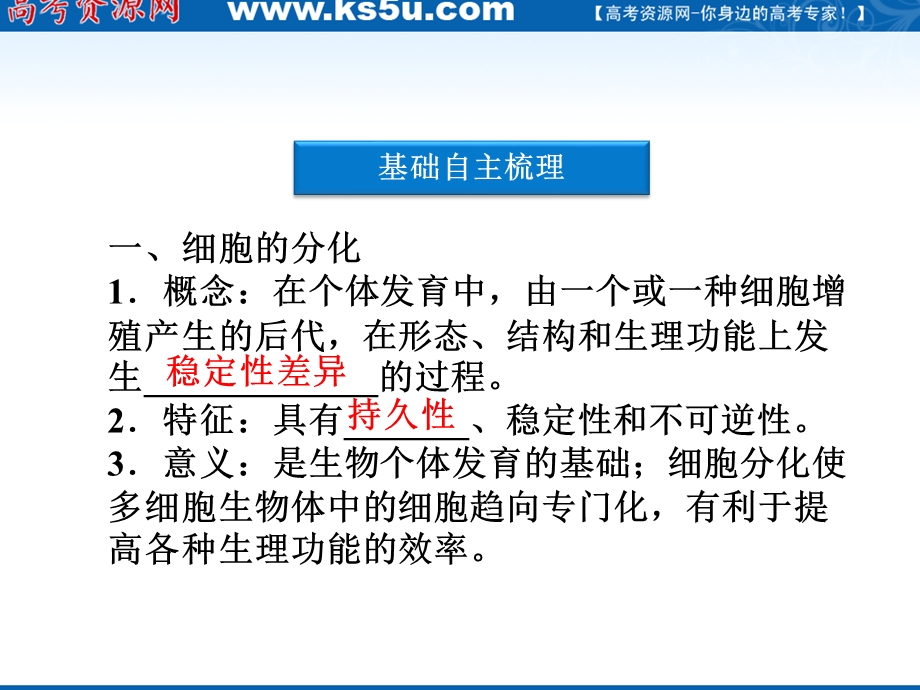 2012优化方案高三生物一轮复习课件：必修1第6章第2、3、4节细胞的分化、衰老、凋亡和癌变.ppt_第3页