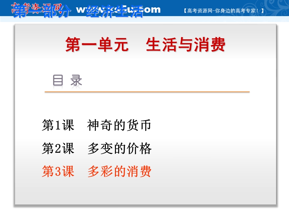 2019艺考生文化课冲刺点金-政治课件：必修一 经济生活 第3课 多彩的消费 .ppt_第1页