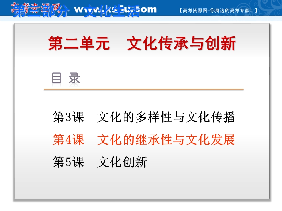 2019艺考生文化课冲刺点金-政治课件：必修三 文化生活 第4课　文化的继承性与文化发展 .ppt_第1页