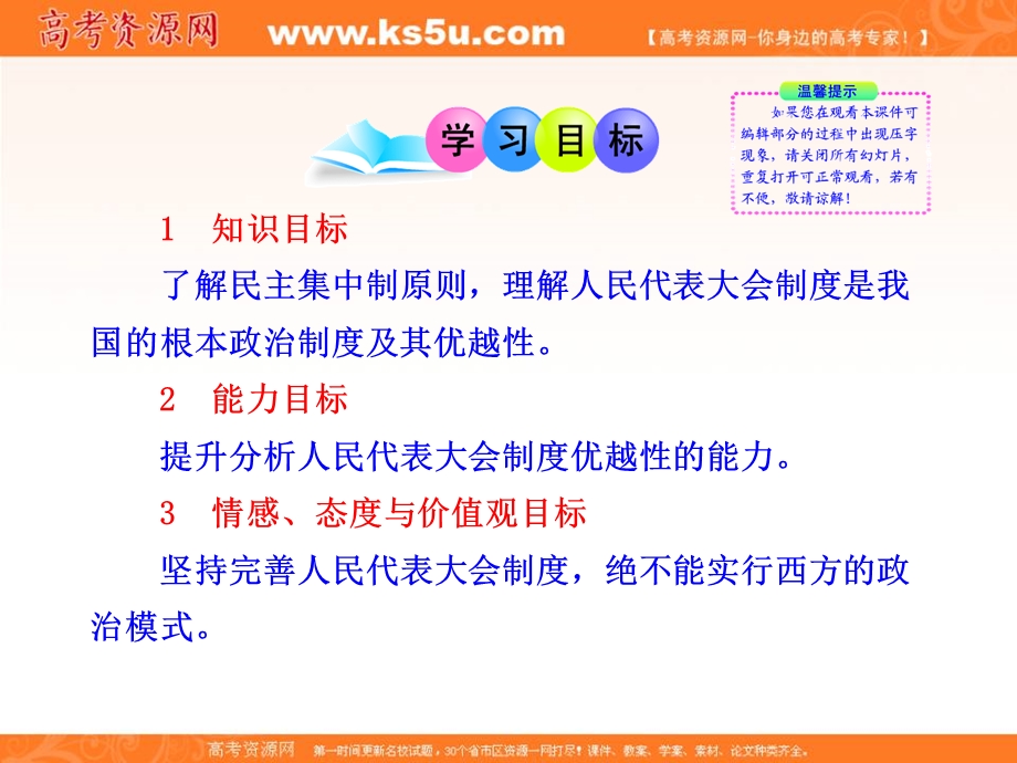 2013学年高一政治新课程多媒体教学课件：3.5.2 人民代表大会制度：我国的根本政治制度（新人教版必修2）.ppt_第2页