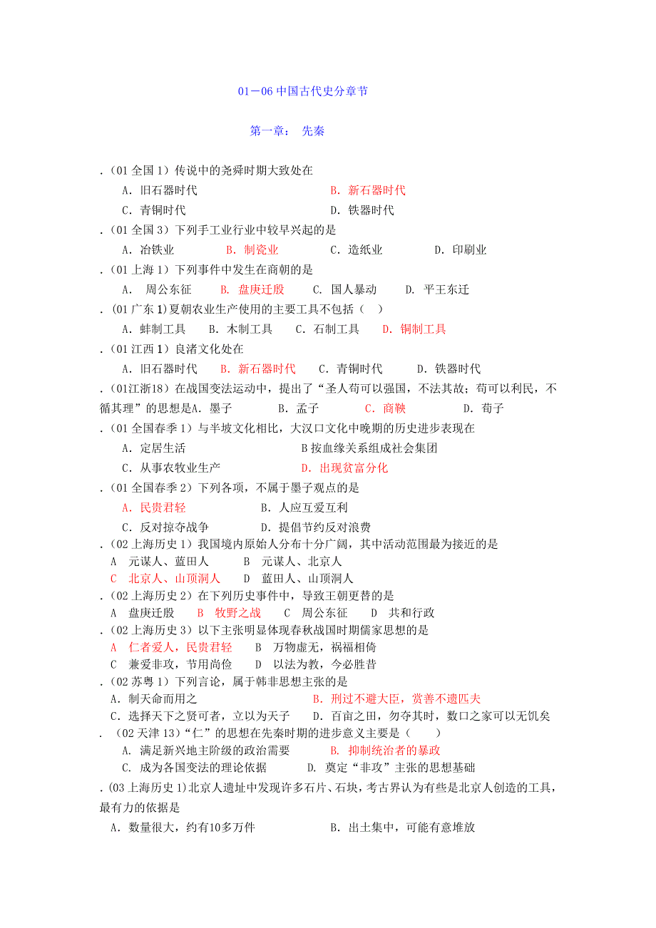 01－06全国各地高考题中国古代史章节分布.doc_第1页