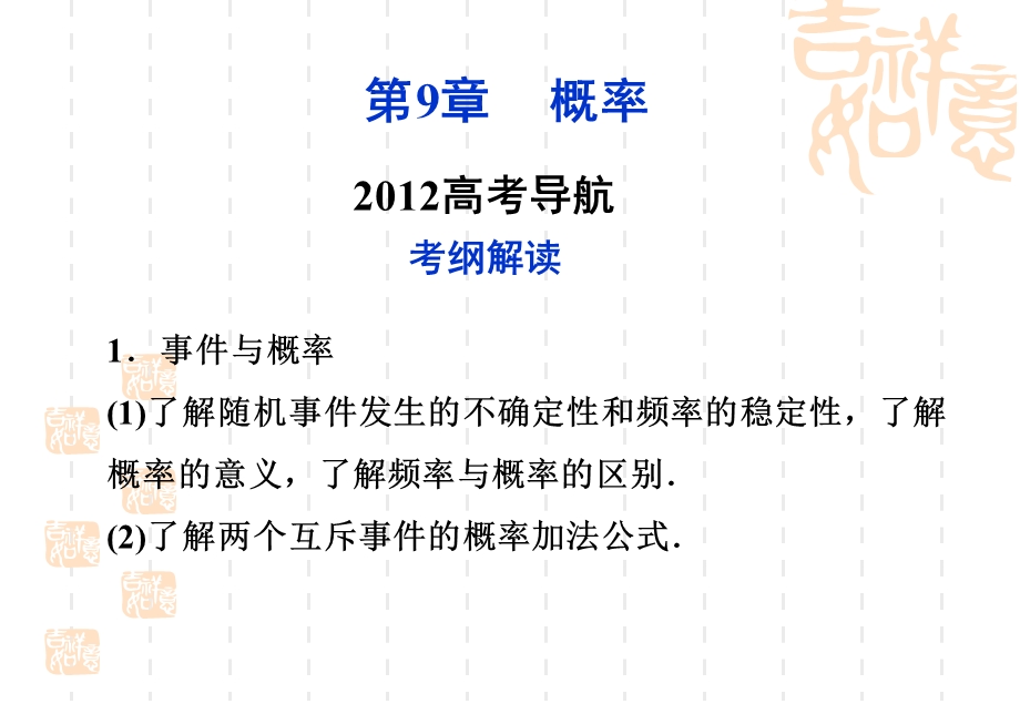 2012优化方案高考数学（文）总复习（人教B版） 课件：第9章2012高考导航.ppt_第1页