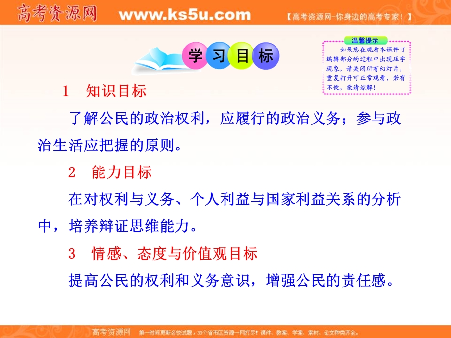 2013学年高一政治新课程多媒体教学课件：1.1.2 政治权利与义务：参与政治生活的基础和准则（新人教版必修2）.ppt_第2页